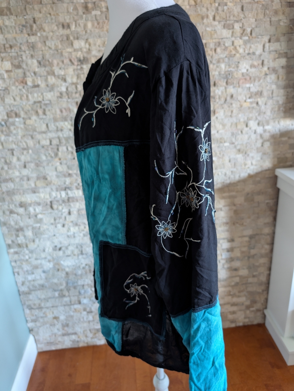 Vintage Beaded Patchwork Open Shirt Top 2X Black Teal Embroidered Artsy Boho image 5